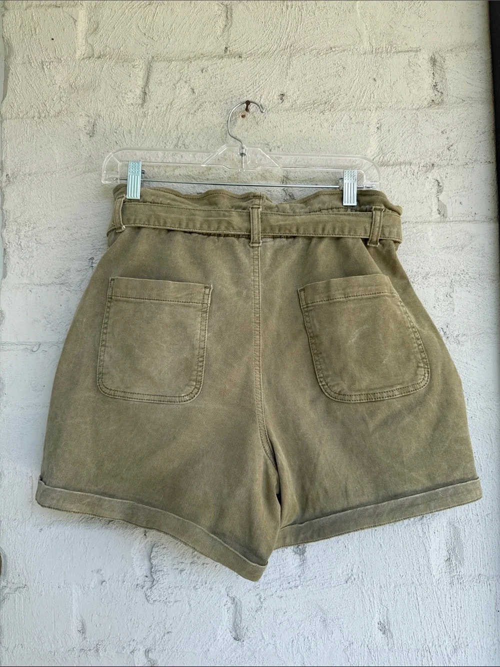 LOFT Olive Denim Paperbag Waist Belted Mom Shorts Size Medium